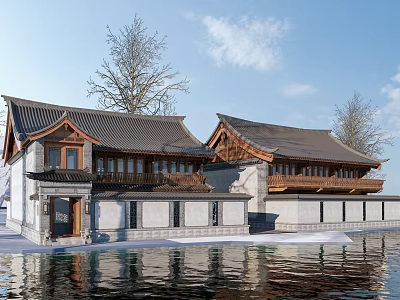 Traditional Ancient Chinese Architecture With Classic Roof And Waterfront Reflections 3d model