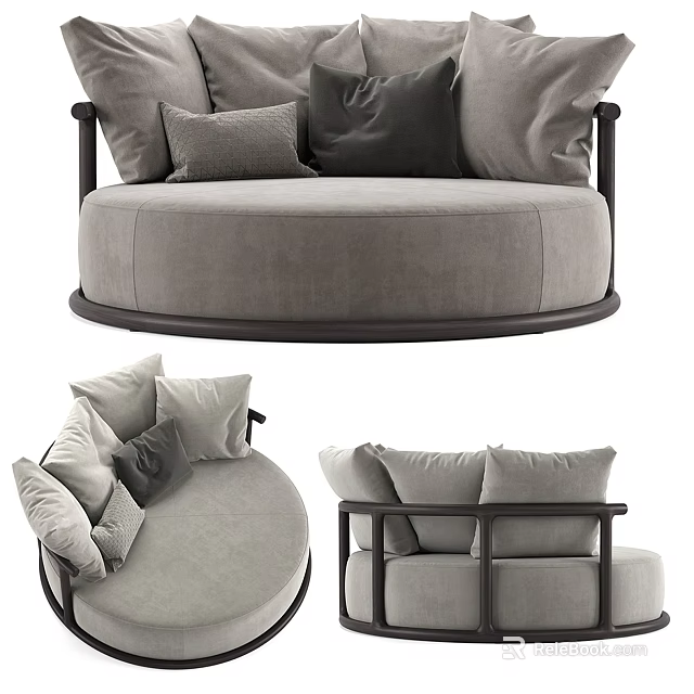 Modern Gray Round Single Sofa With Black Frame And Cozy Pillows 3d model