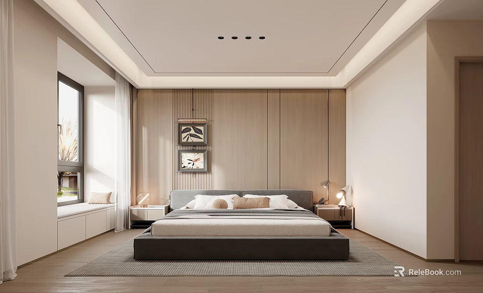 Modern Bedroom Interior Design With Wooden Wall King Size Bed Nightstands And Decorative Paintings 3d model 