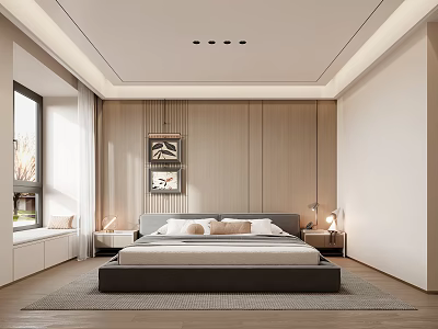 Modern Bedroom Interior Design With Wooden Wall King Size Bed Nightstands And Decorative Paintings 3d model