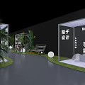 Modern Outdoor Exhibition Space With Design Tech Plants Bench Circular Decor And Greenery
