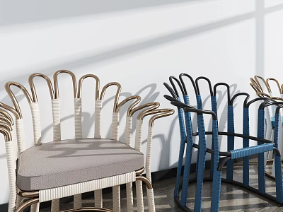 Modern Leisure Chairs With Wicker Backrest Beige And Blue Cushions And Sunlight Shadows 3d model