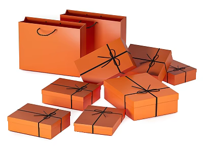 Decorative Orange Gift Boxes and Shopping Bags with Black Ribbons for Everyday Use 3d model