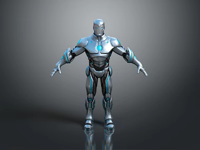 Futuristic Game And Movie Character In Silver Blue Metallic Armor With Glowing Core Standing Pose 3d model