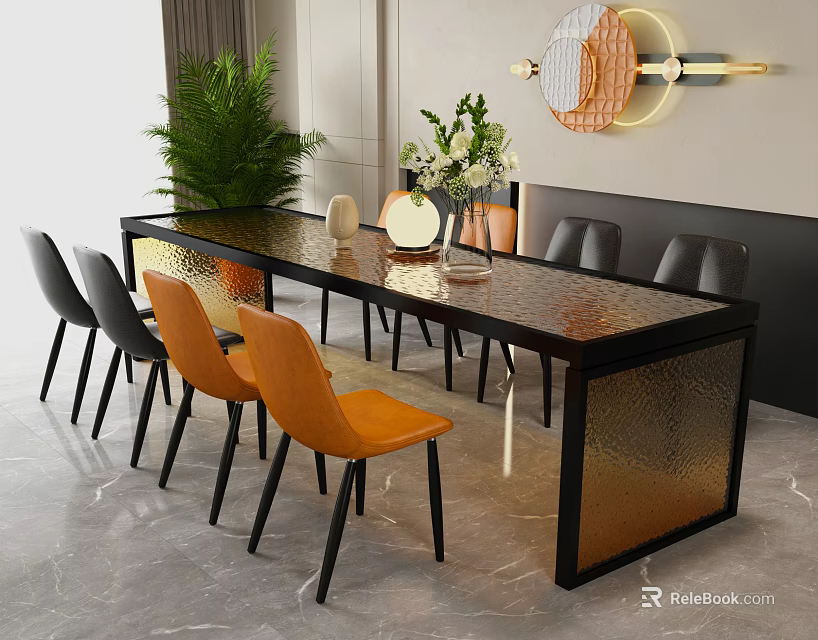 Modern Dining Table Set With Glass Top Black Orange Chairs And Potted Plant 3d model 