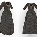 Vintage Brown Plaid Check Dress With Square Neckline Long Sleeves And Flowy Skirt