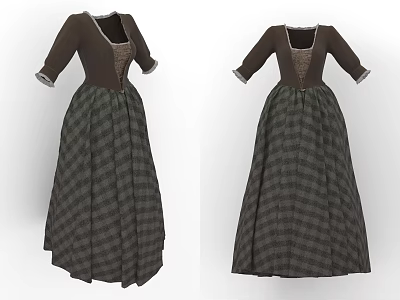 Vintage Brown Plaid Check Dress With Square Neckline Long Sleeves And Flowy Skirt 3d model