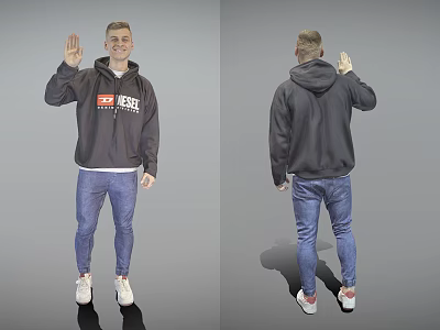 Man Wearing Gray Hoodie Red White Logo Jeans And White Sneakers Waving Hand Front Back 3d model