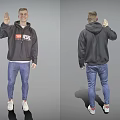 Man Wearing Gray Hoodie Red White Logo Jeans And White Sneakers Waving Hand Front Back