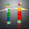 Animated Boy With Green Cap And Clown With Colorful Hair In Overalls Stretching Arms
