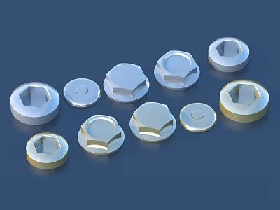 Various Sizes Shapes Of Metal Nuts Hexagonal Round Silver Gold On Dark Blue Background 3d model