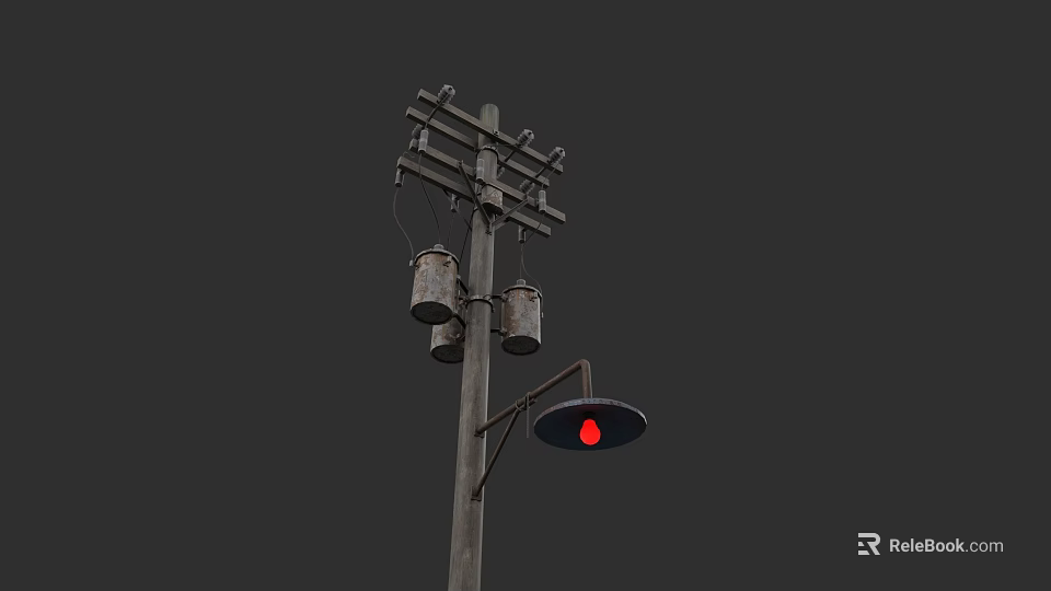 Road Facility With Electric Pole Red Street Lamp Metal Buckets And Wires 3d model 
