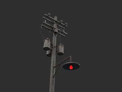 Road Facility With Electric Pole Red Street Lamp Metal Buckets And Wires 3d model