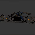 Game Movie Character With Short Hair Wearing Blue Orange Futuristic Mechanical Outfit On Hoverboard In Extended Arm Pose