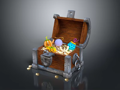 Open Wooden Treasure Chest With Pumpkin Decoration Purple Ball Blue Box And Scattered Gold Coins 3d model