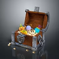 Open Wooden Treasure Chest With Pumpkin Decoration Purple Ball Blue Box And Scattered Gold Coins