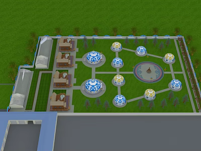 Scenic Boutique Guesthouse Featuring Circular Buildings Lawn Trees And Garden Courtyard 3d model
