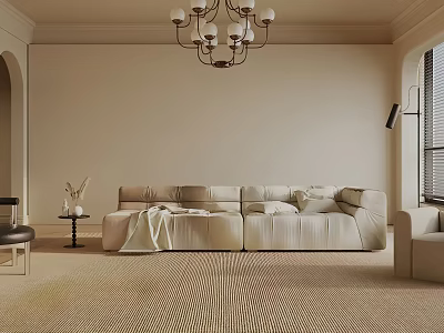 Modern Elegant Living Room Interior With Beige Sectional Sofa Chandelier And Textured Rug 3d model