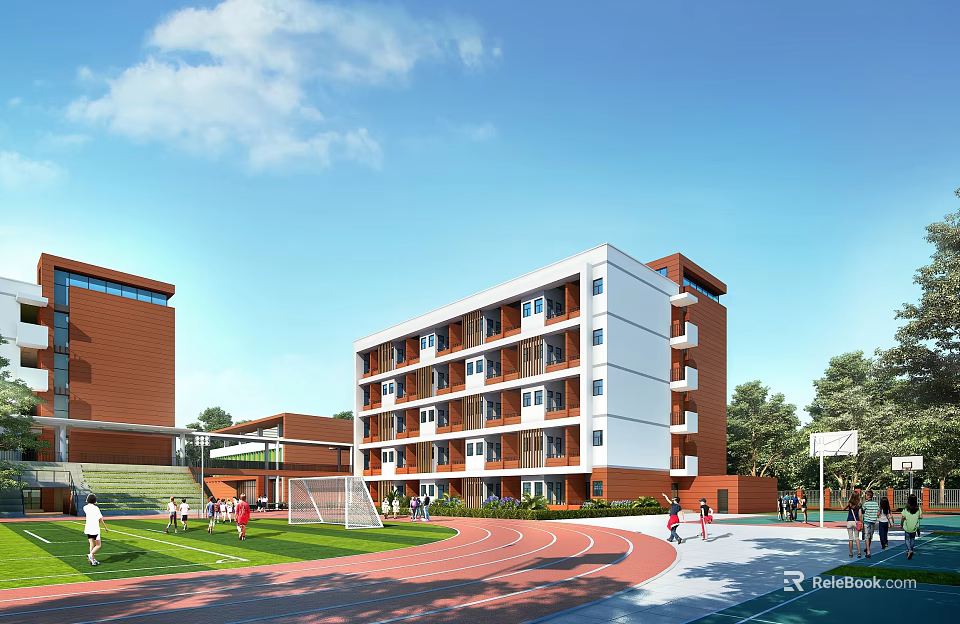 Modern Multi Story School Building With Red White Facade Track Field And Playground 3d model 