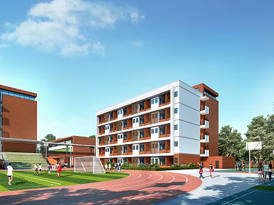Modern Multi Story School Building With Red White Facade Track Field And Playground 3d model