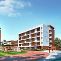 Modern Multi Story School Building With Red White Facade Track Field And Playground