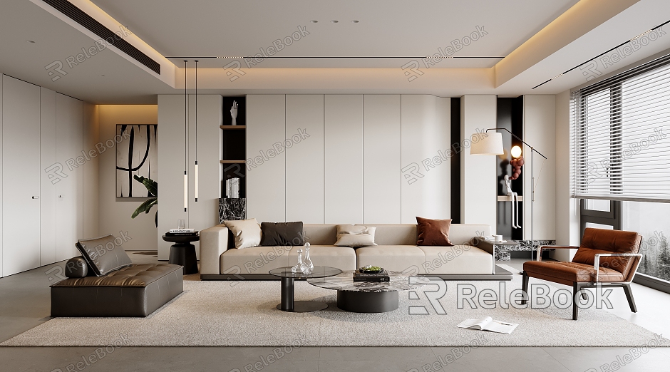 Italian Style Living Room Sofa Coffee Table Combination Leisure Chair Sofa Stool Combination Coffee Table Floor Lamp Plant Side Table Chandelier Leather model