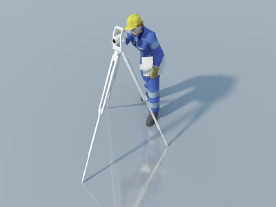 Game Movie Character in Blue Work Uniform Yellow Hard Hat Standing by Tripod Holding Document 3d model