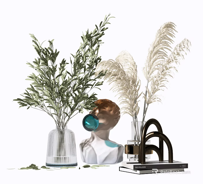 Modern Decorative Ornament Set with Green Foliage Glass Vase Sculpture and Metal Base 3d model 