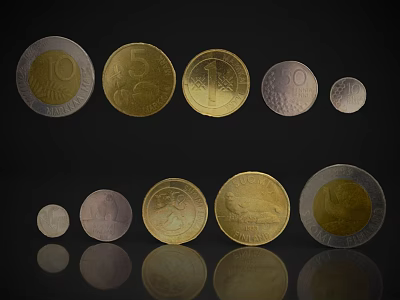 Household Items Various Coins With Different Denominations Gold Silver Materials And Reflections On Black Background 3d model