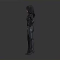 Woman In Black Tight Fitting Suit Standing With Hands On Hip Against Gray Gradient Background