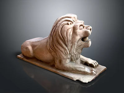 Classic Style Stone Lion Sculpture With Reclining Position And Carved Mane On Solid Base 3d model