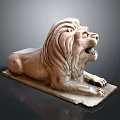 Classic Style Stone Lion Sculpture With Reclining Position And Carved Mane On Solid Base