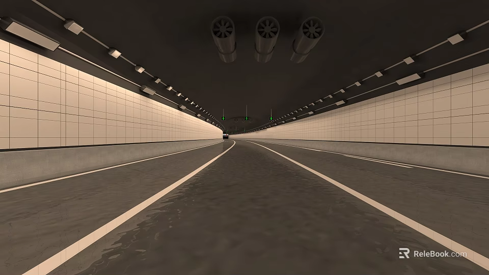 Modern Road Facilities in Tunnel Interior with Lighting Ventilation Lane Markings and Indicator Lights 3d model 