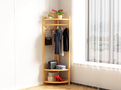 Wooden Corner Clothes Rack with Hanging Clothes Black Handbag Shelves Red Shoes Gray Bag 3d model