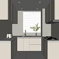 Modern Kitchen Interior With White Cabinets Blinds Window And Green Plant On Countertop