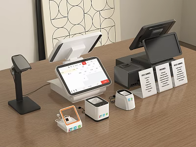Modern Commercial Retail POS Equipment With Multiple Terminals Barcode Scanners And Compact Payment Devices 3d model