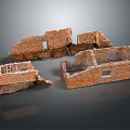 Broken Ancient Brick Structures with Window Openings on Gray Background 3d model