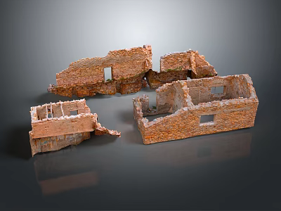 Broken Ancient Brick Structures with Window Openings on Gray Background 3d model