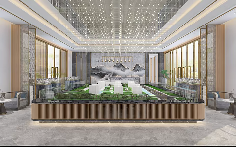 New Chinese Style Sales Office Sales Center Hall Exhibition Hall Public Space Front Desk 3d model