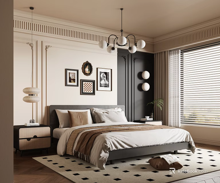Cozy Modern Bedroom Interior With Bed Pillows Nightstand Paintings Chandelier And Rug 3d model 