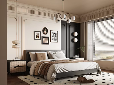 Cozy Modern Bedroom Interior With Bed Pillows Nightstand Paintings Chandelier And Rug 3d model