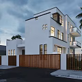 Modern White Two Story Detached Villa With Wooden Fence Trees And Blue Sky