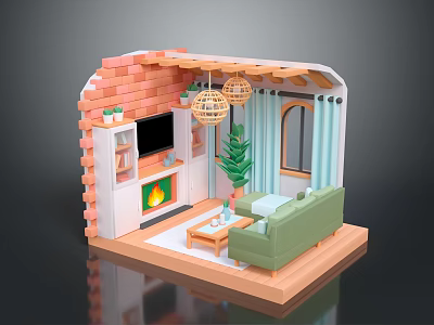 Pink Brick Wall Cartoon Living Room Scene With TV Fireplace Green Sofa And Plant 3d model