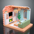 Pink Brick Wall Cartoon Living Room Scene With TV Fireplace Green Sofa And Plant