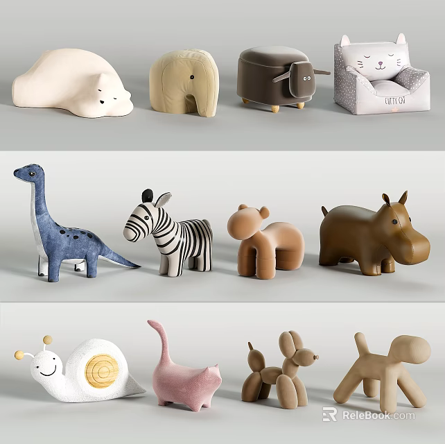 Cute Animal Shaped Sofa Stools With Various Designs Like Elephant Zebra Dinosaur 3d model 
