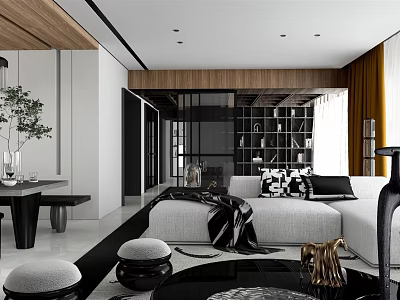 Modern Living And Dining Room Interior With Sofa Dining Table And Wooden Decor 3d model