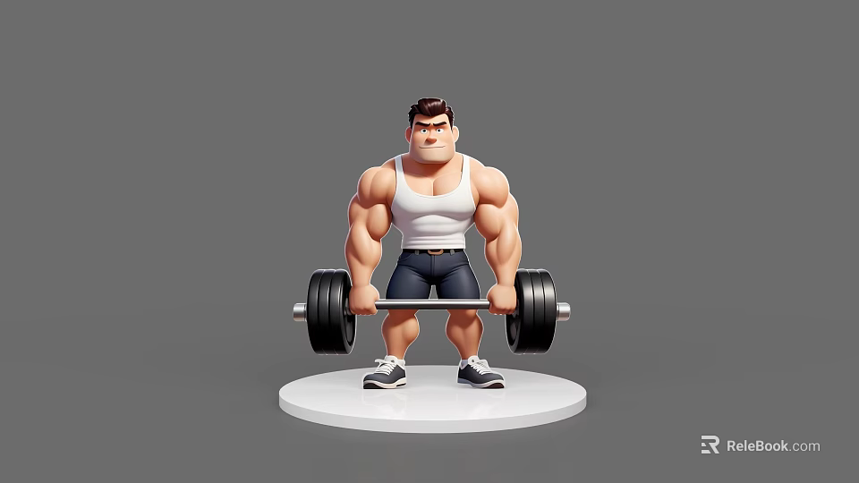 Muscular Game Movie Character In White Tank Top Dark Pants Lifting Barbell On White Base 3d model 