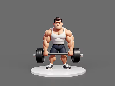 Muscular Game Movie Character In White Tank Top Dark Pants Lifting Barbell On White Base 3d model
