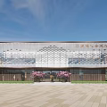 Modern Chinese Architecture Exterior Facade With Carved Metal Panels Entrance Cherry Blossom Trees And Plaza