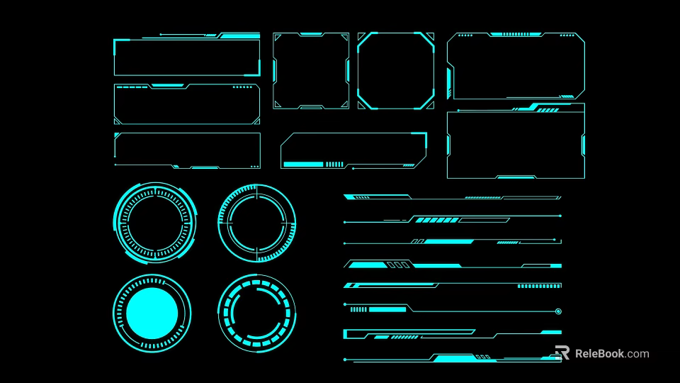 Futuristic UI Elements With Glowing Blue Lines And Geometric Shapes On Black Background 3d model 